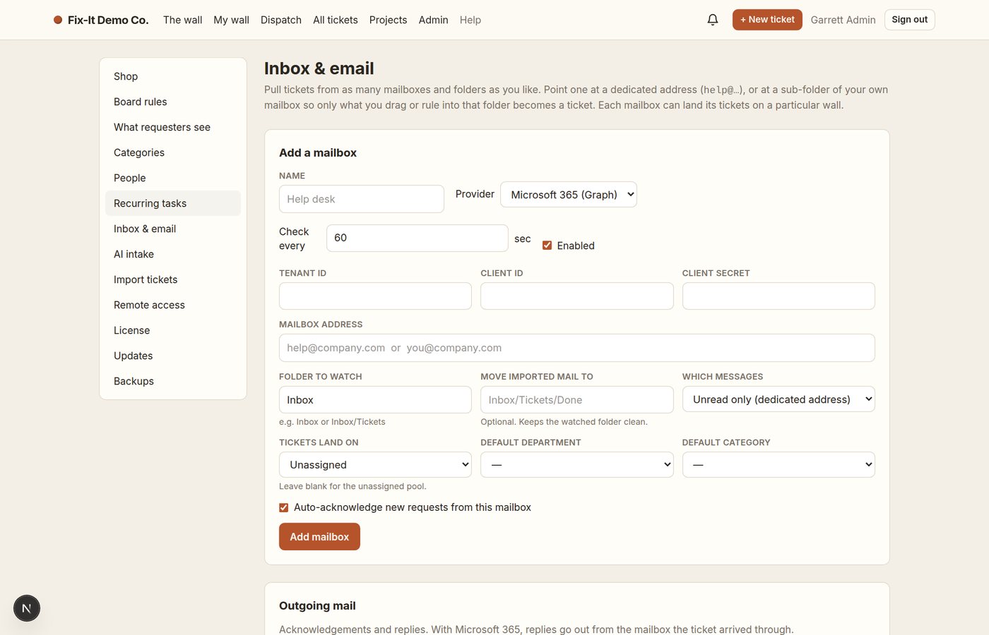 Admin inbox settings: connected mailboxes and folders for email intake