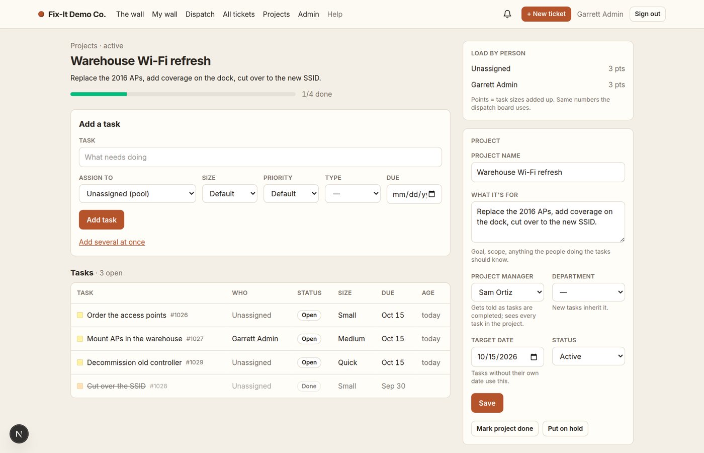 A project page with its task list, progress and load by person