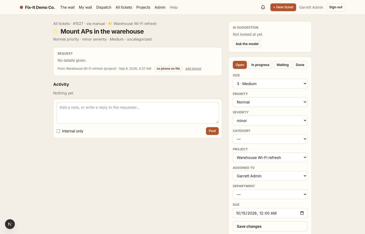 A ticket page in WorkloadWall showing the request, its history and its reply thread